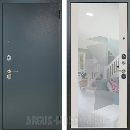 Входная дверь Берлога XS серая молотковая/зеркало Вояж белое дерево